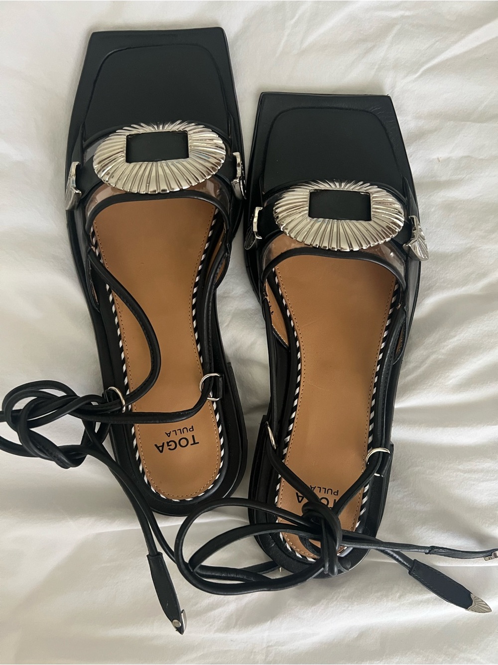NWT TOGA Pulla Black Leather Square-Toe Lace-Up Flats with Silver Buckle
